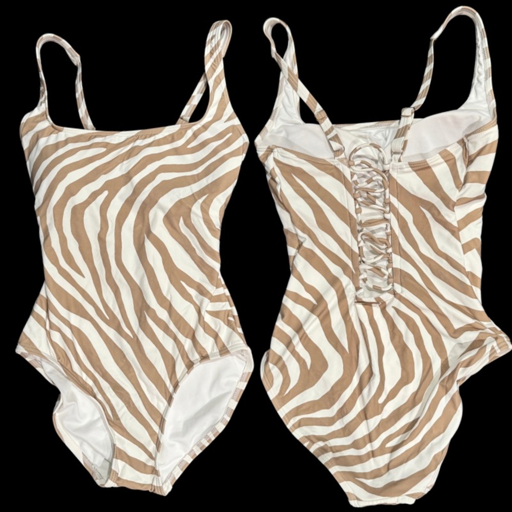 Michael Kors Size 8 Tan and White Striped Swimsuit